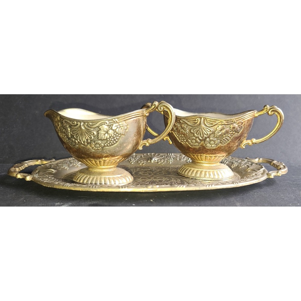 Vintage Silver Plated Creamer Sugar Tray Set Japan Grape Repousse Floral Motif